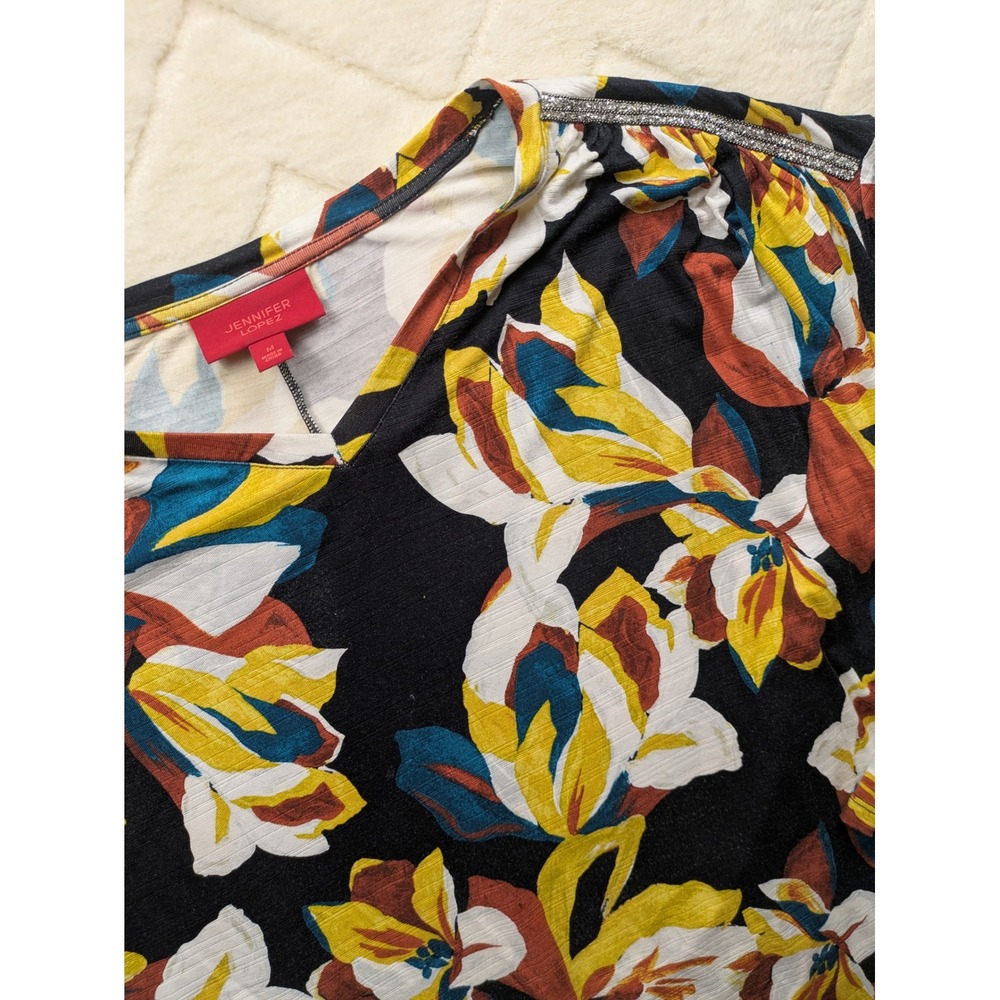 Jennifer Lopez Floral V-Neck Top Rhinestone Shoulder Slub Knit Black Yellow M